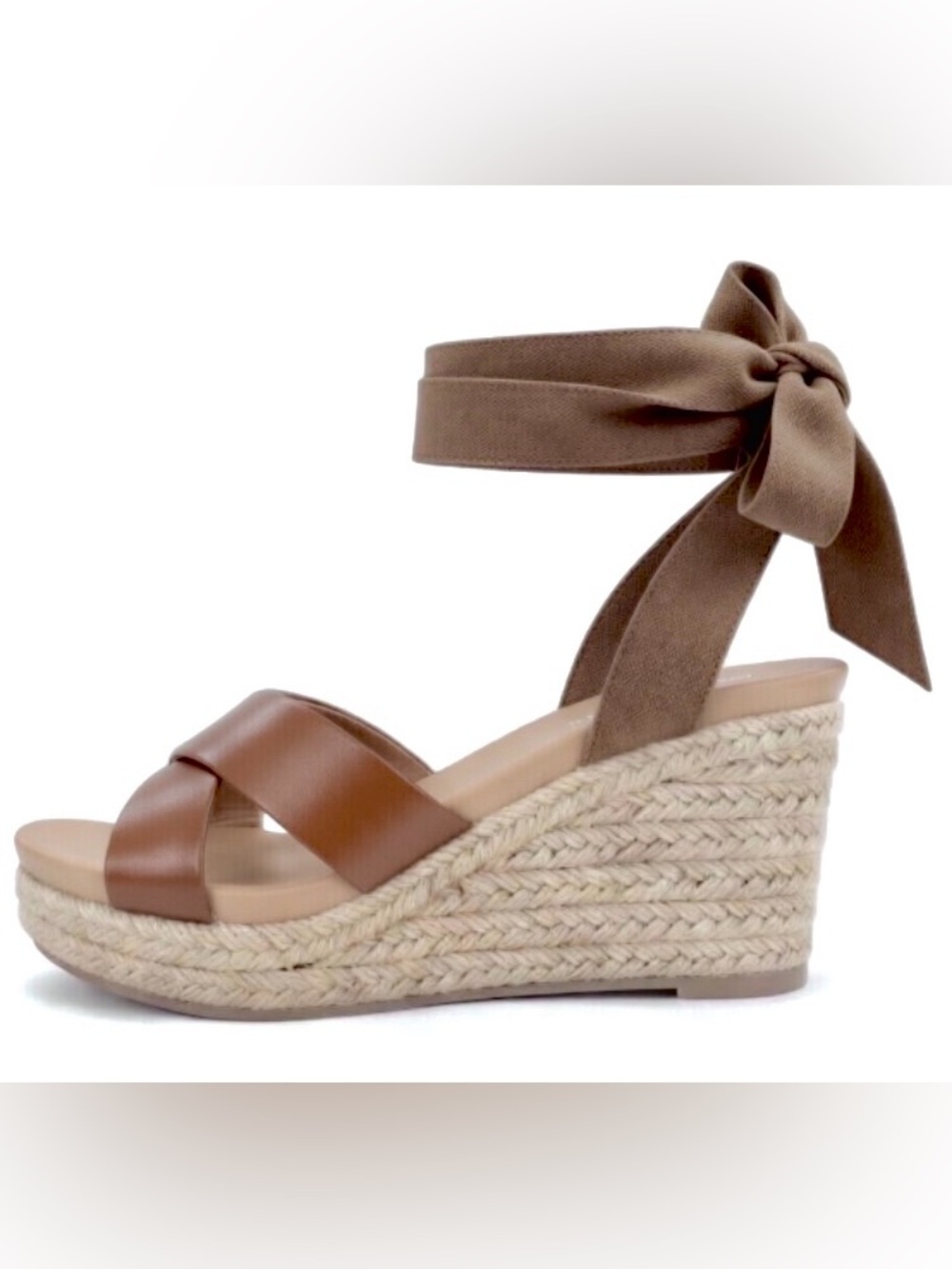 Soda Dark Tan Woven Espadrille Wedge Sandal with Ankle Tie: Size 6.5 NWOT